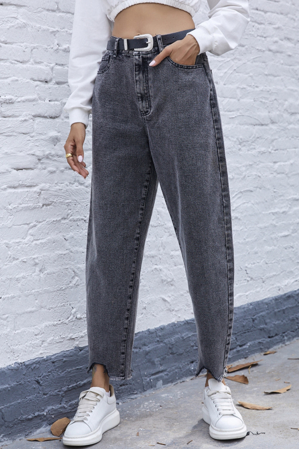 High Waist Irregular Denim Straight Trousers