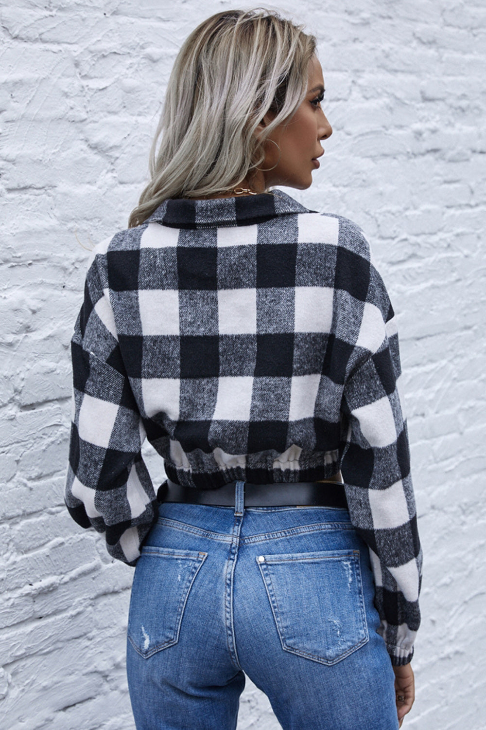 Navel Stripe Check Lapel Zipper Sweater