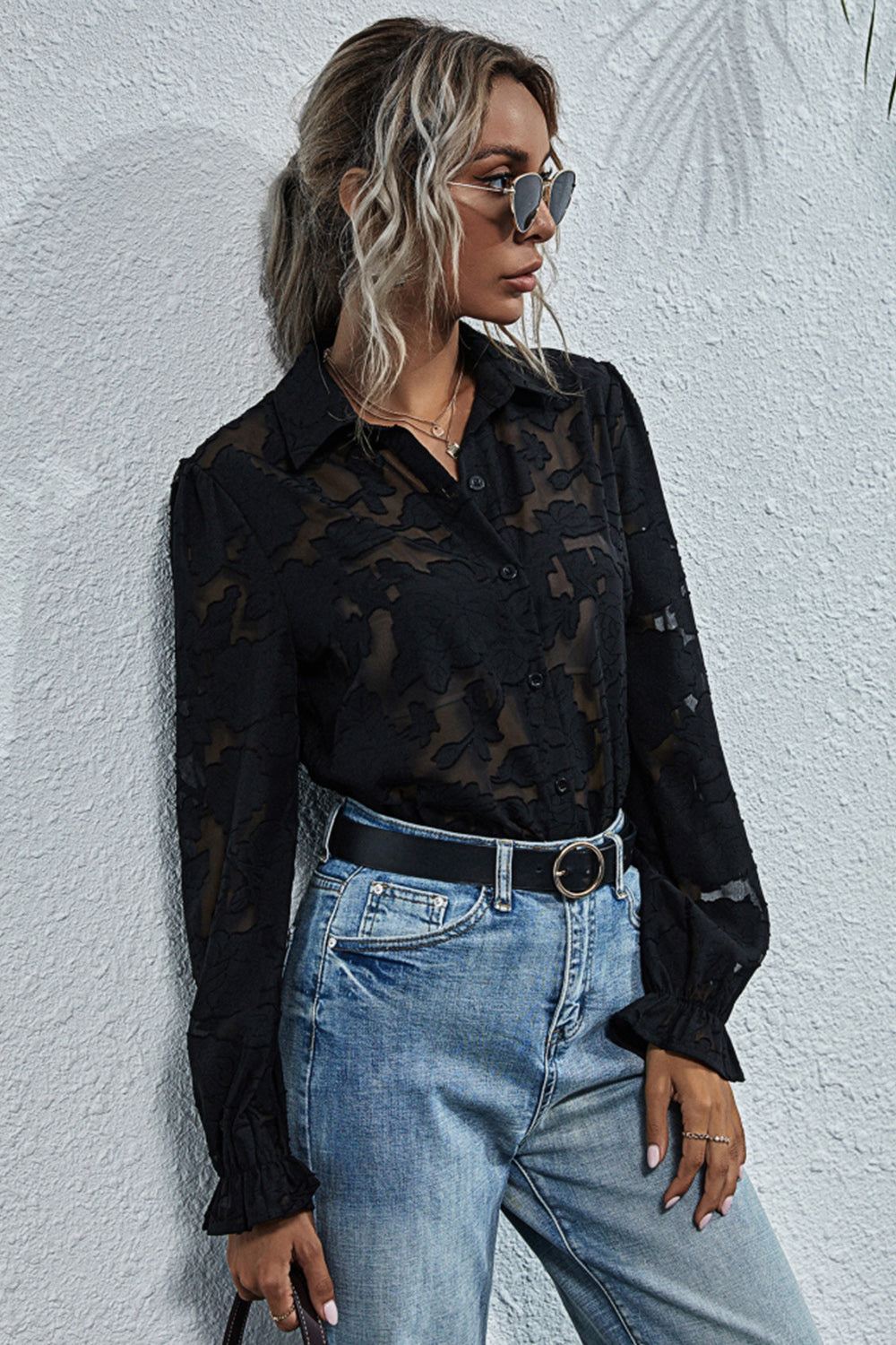 Perspective Lace Embroidery Flower Shirt