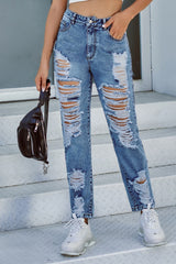 Ripped High-rise Straight-leg Denim Trousers