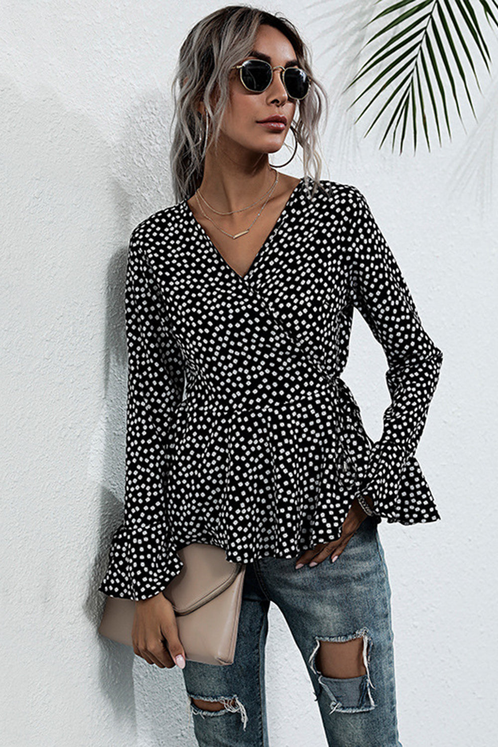 V-neck Slim-fit Long-sleeved Polka Dot Shirt