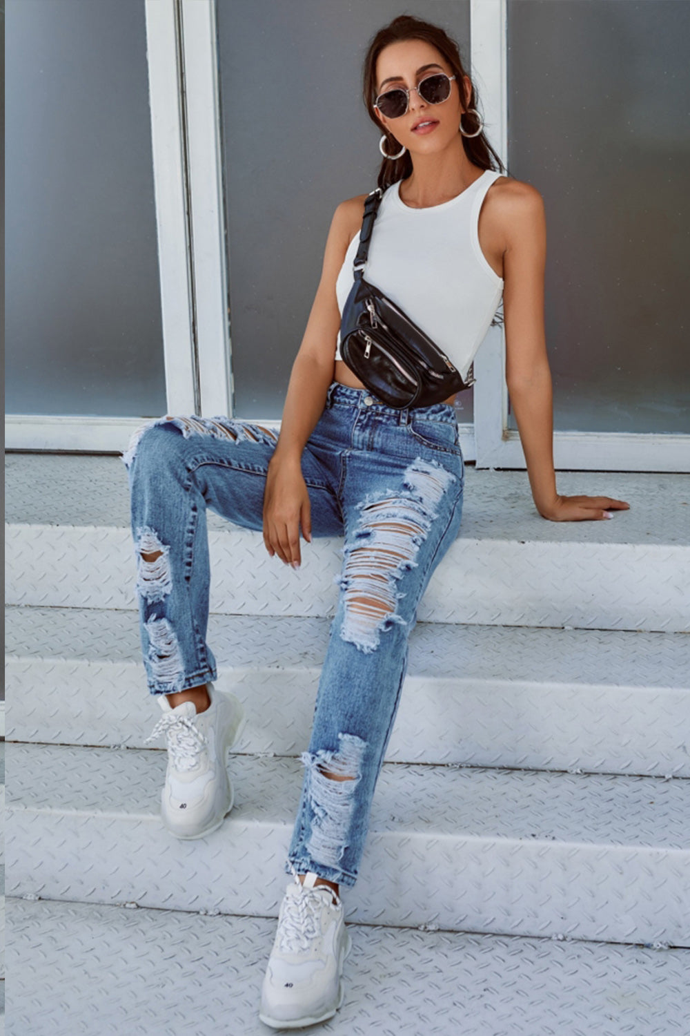 Ripped High-rise Straight-leg Denim Trousers