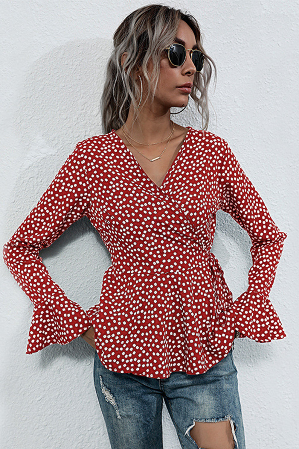 V-neck Slim-fit Long-sleeved Polka Dot Shirt