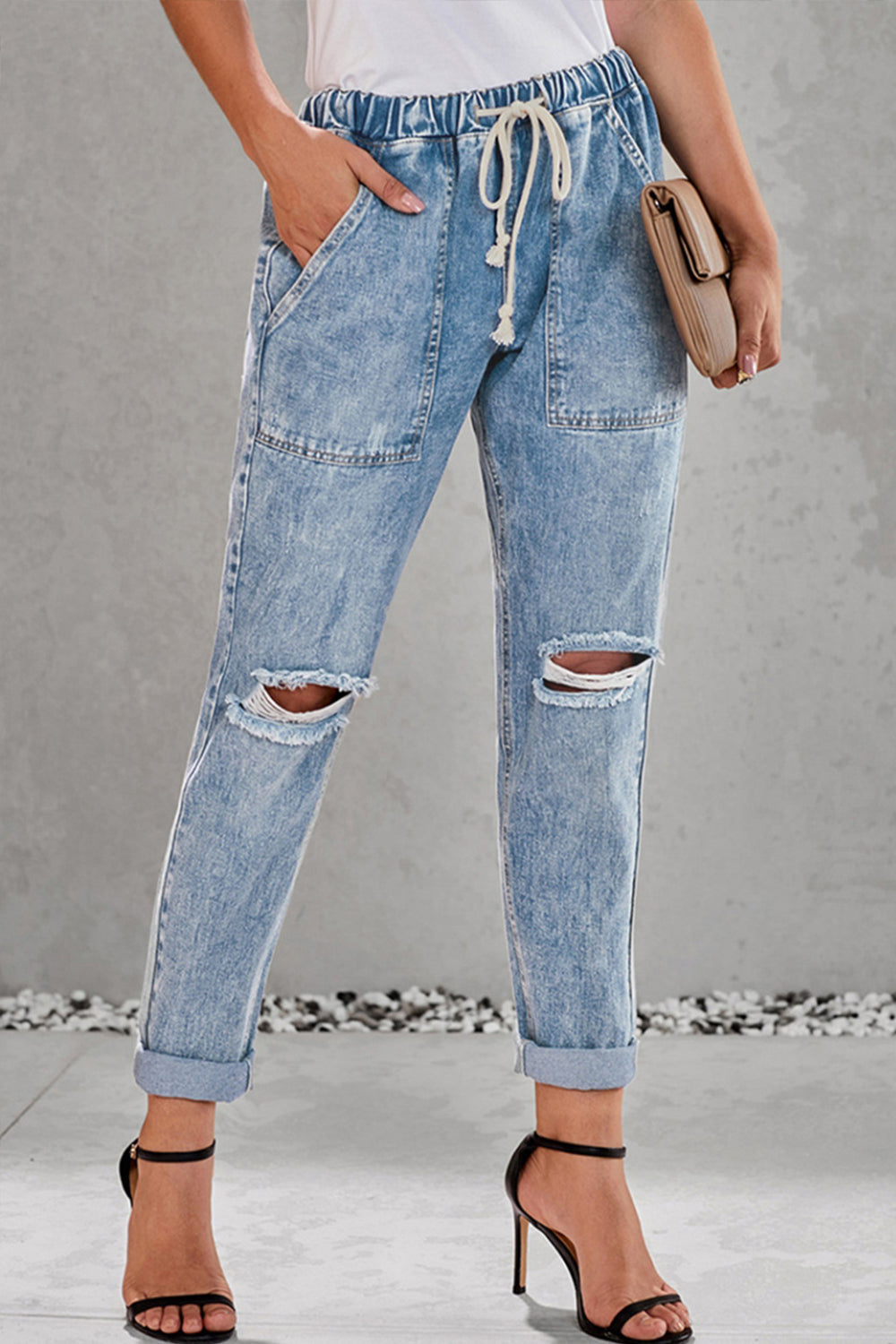 High-Waisted Tie Straight-Leg Ripped Jeans