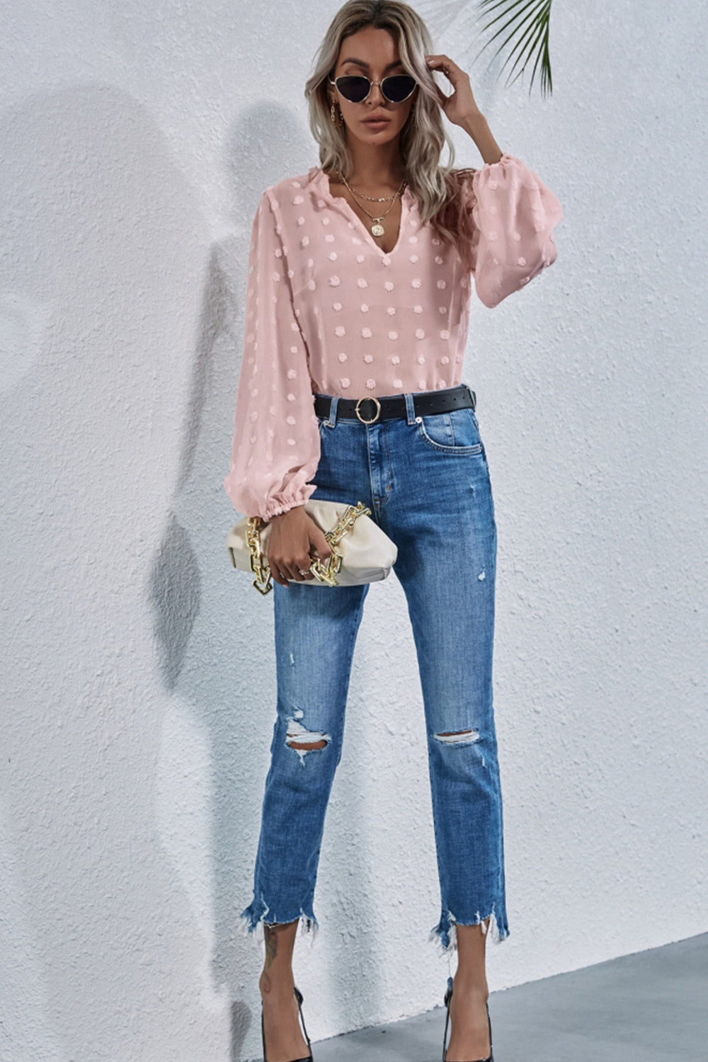 Loose V-neck Embroidered Shirt