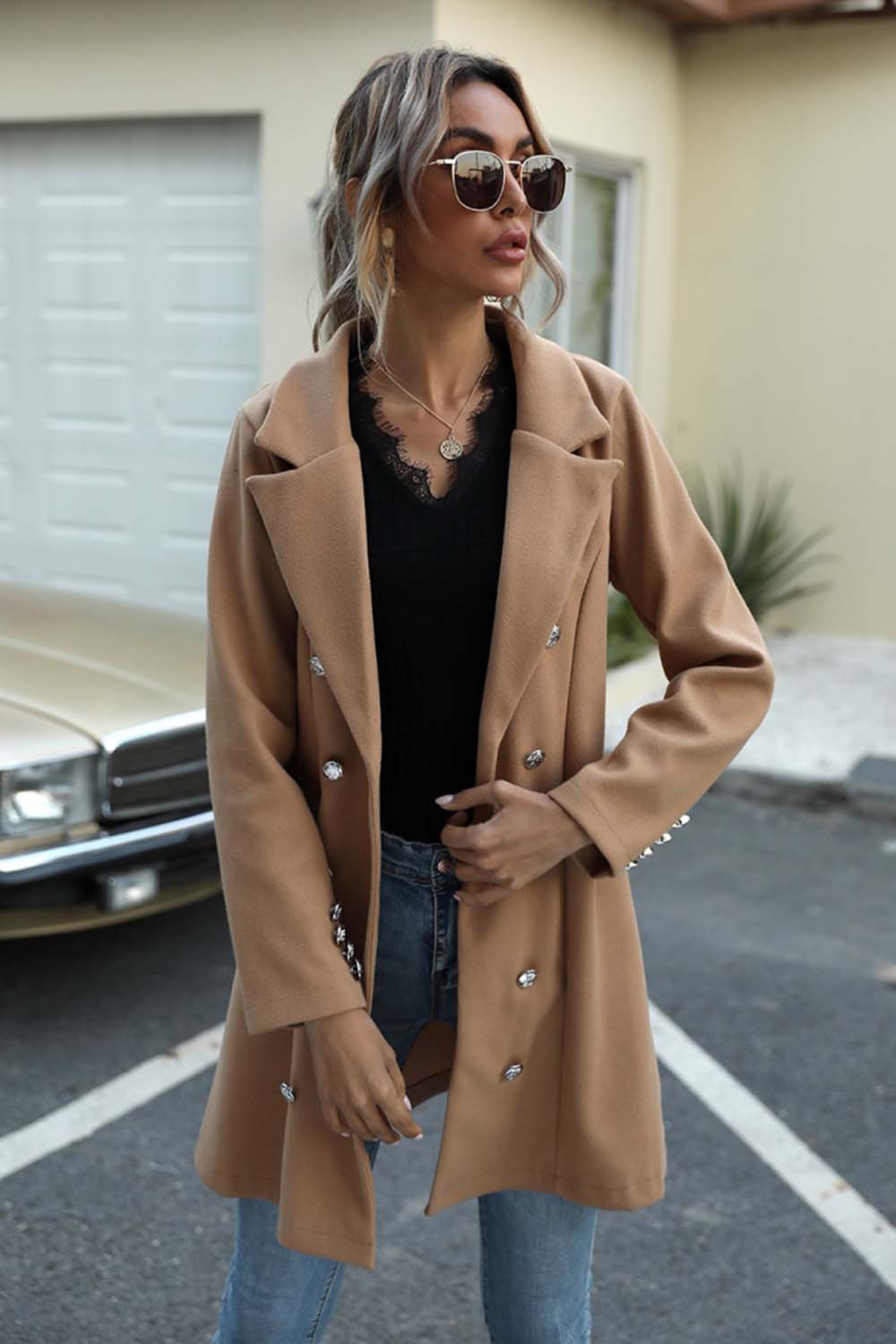 Long Button Lapel Woolen Coat