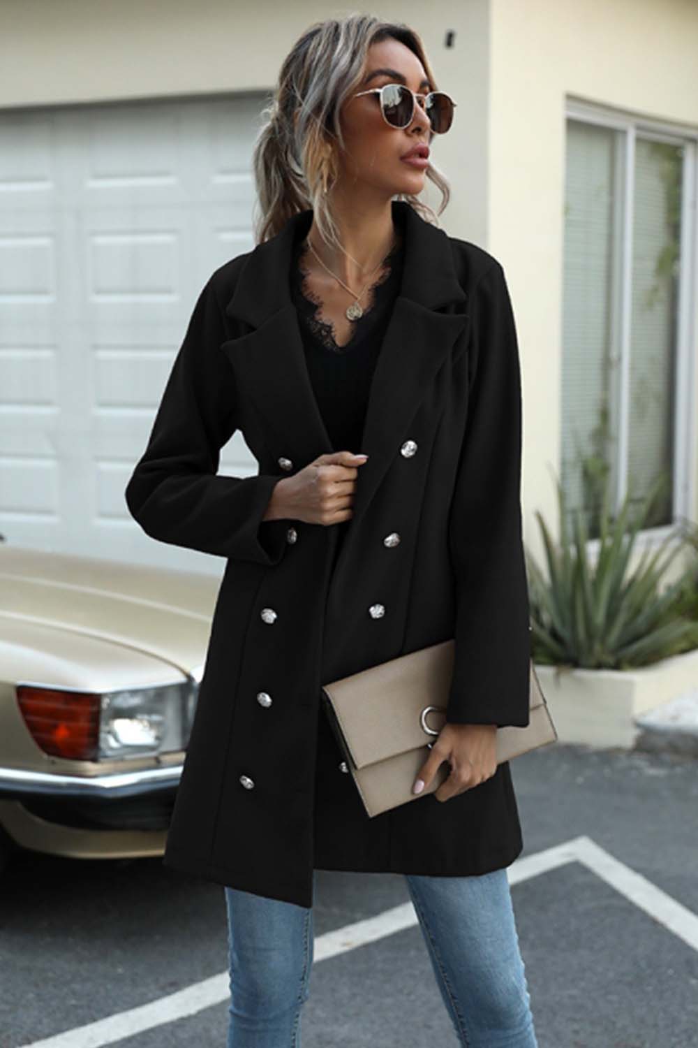 Long Button Lapel Woolen Coat