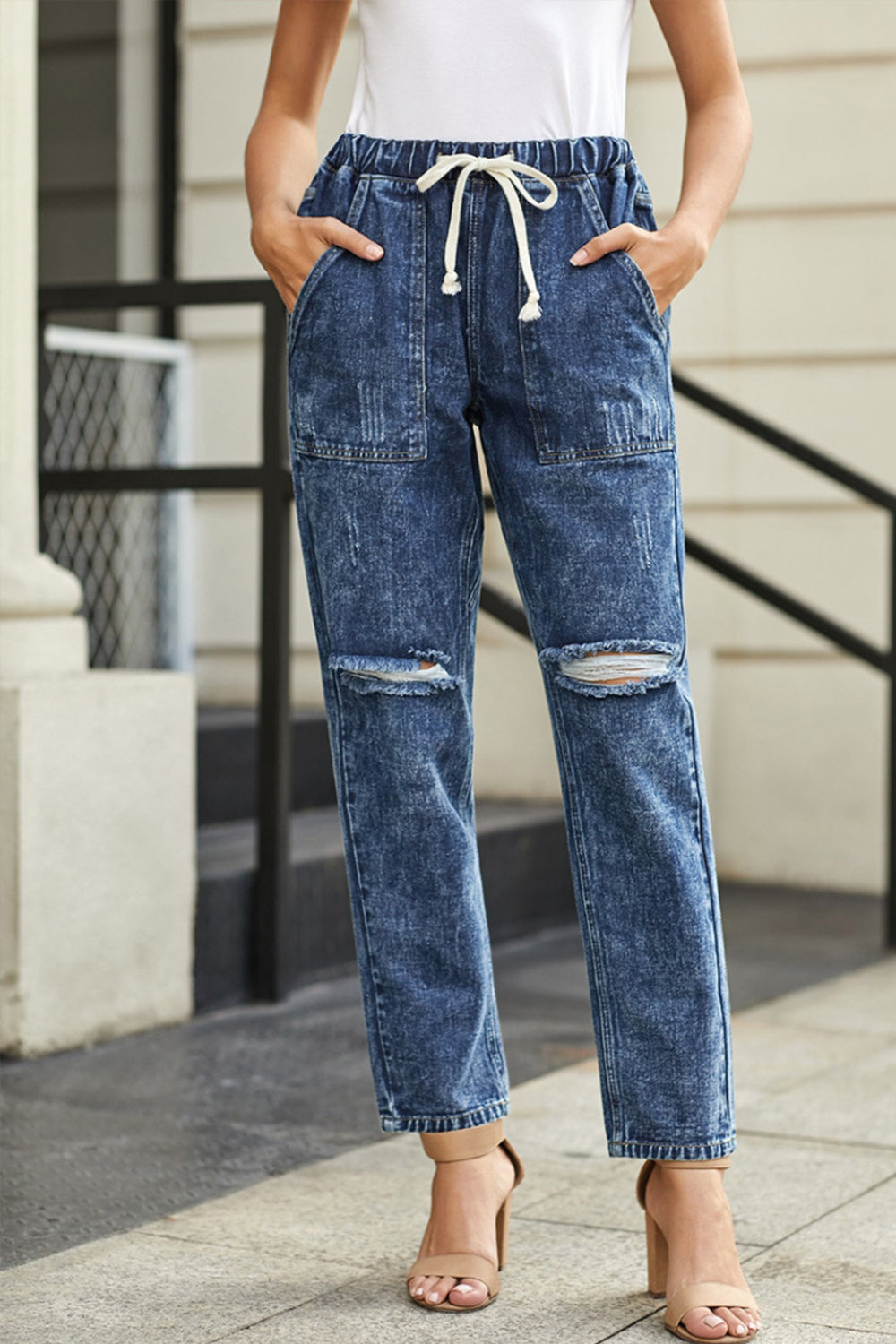 High-Waisted Tie Straight-Leg Ripped Jeans