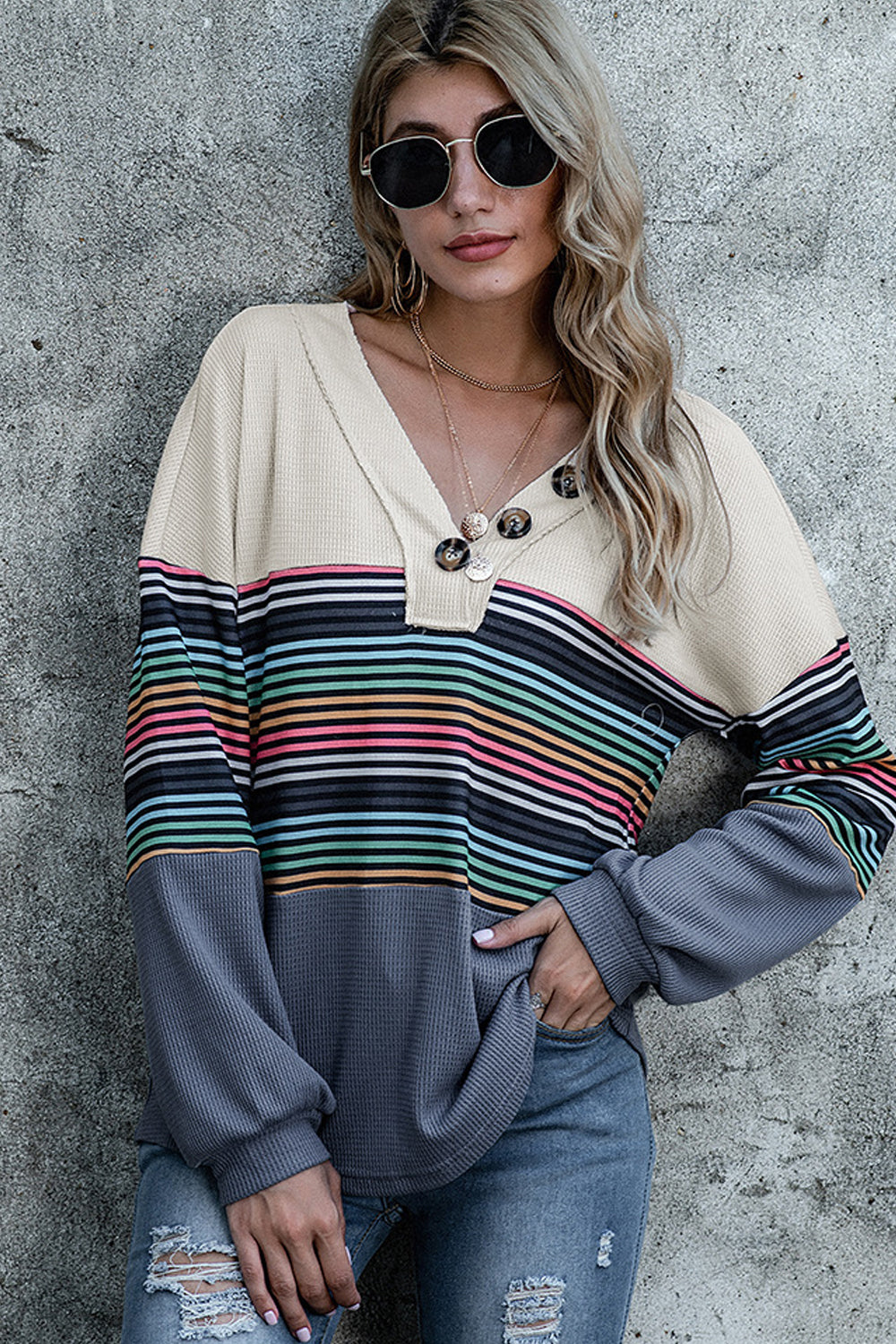 Button Striped Long Sleeve Top