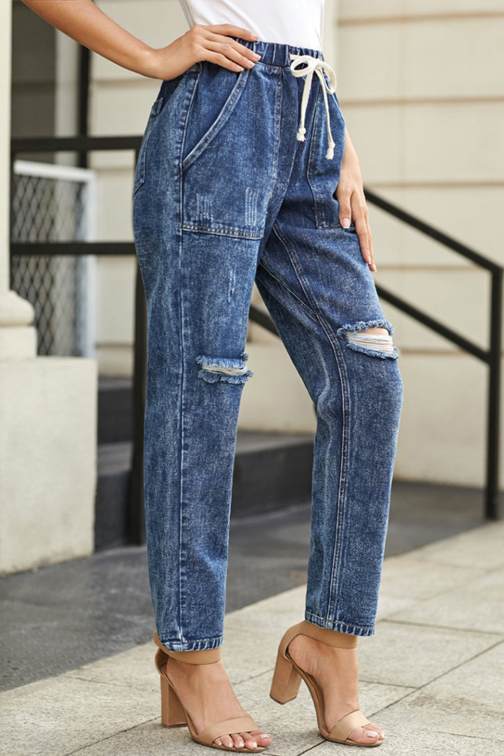 High-Waisted Tie Straight-Leg Ripped Jeans