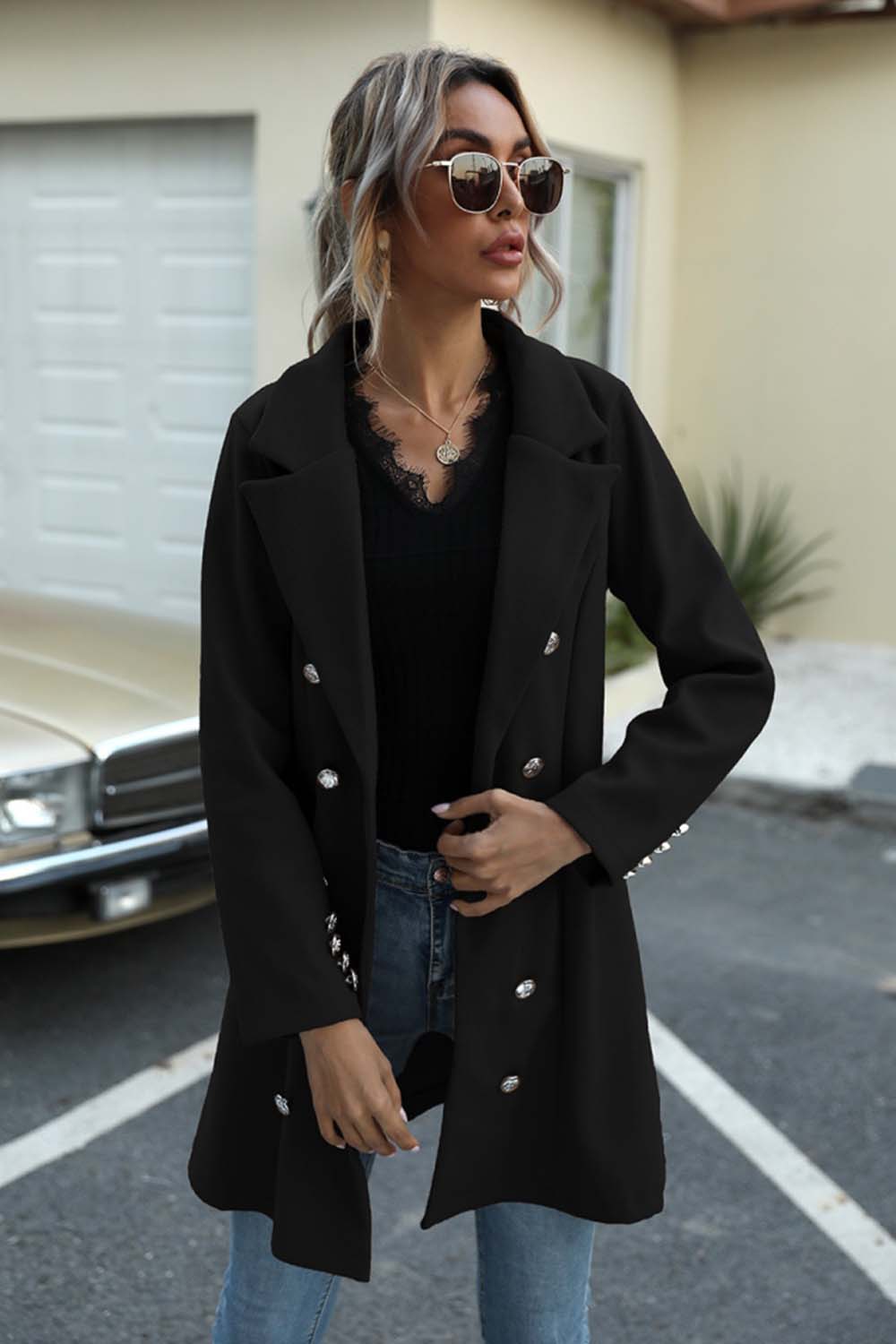 Long Button Lapel Woolen Coat