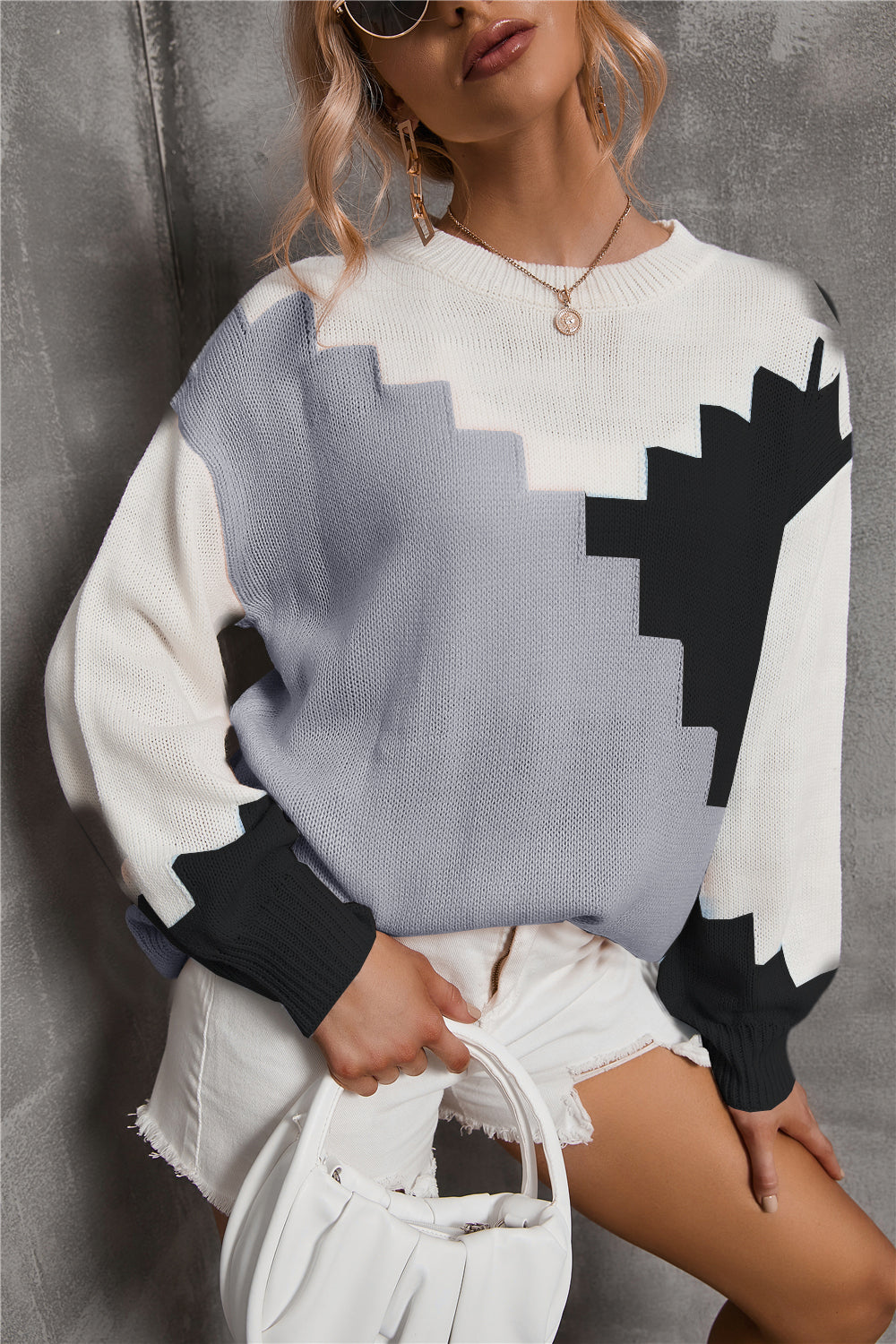 Parchwork Round Neck Large Loose Knit Sweater