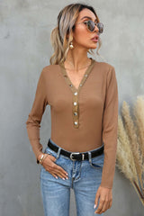 Buttoned V-Neck Long-Sleeved T-Shirt