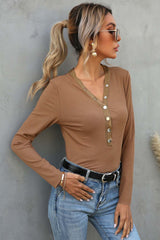 Buttoned V-Neck Long-Sleeved T-Shirt