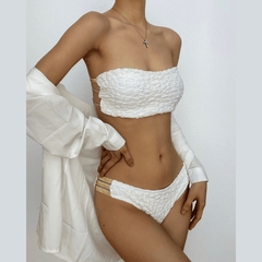 Solid textured contrast hollow out tube bikini swimwear