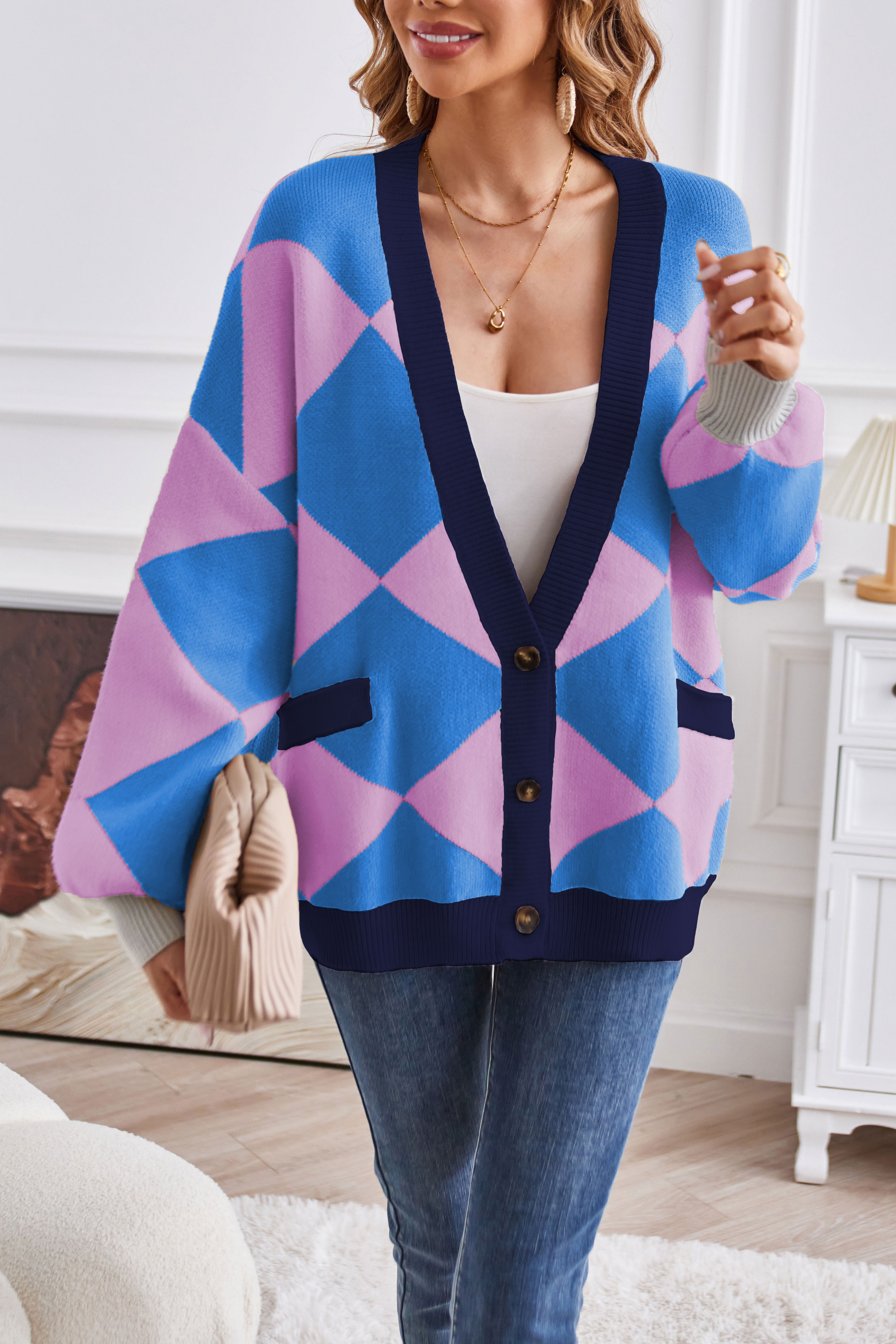 V-neck geometric patchwork contrasting knitted cardigan