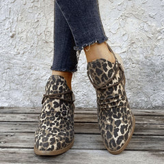 Rough canvas pointed toe leopard boots