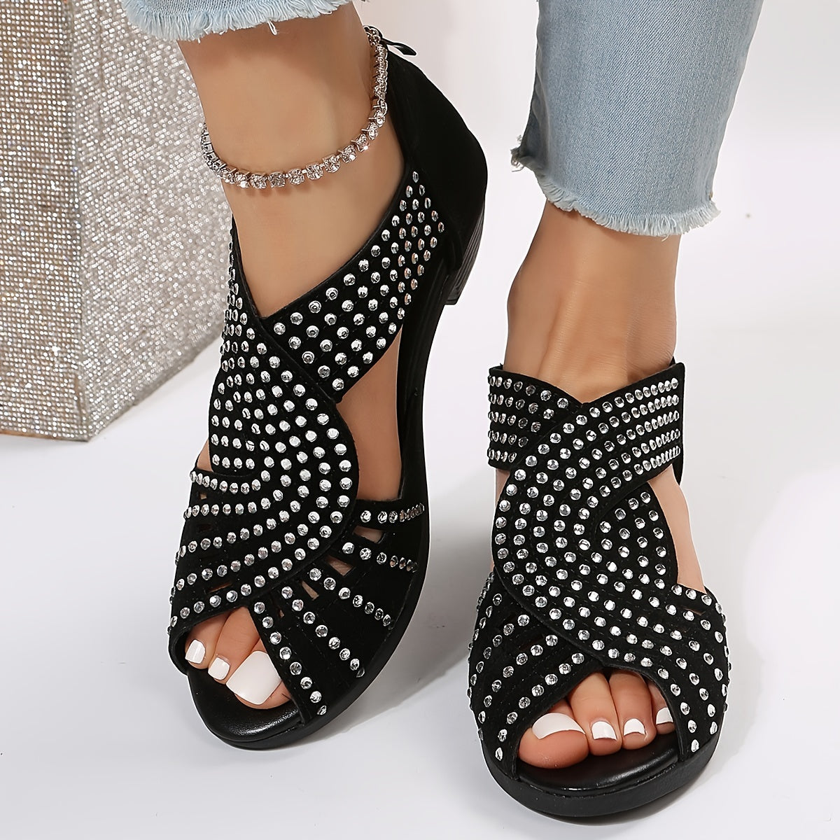 Peep Toe Back Zipper Chunky Heel Rhinestone Sandals