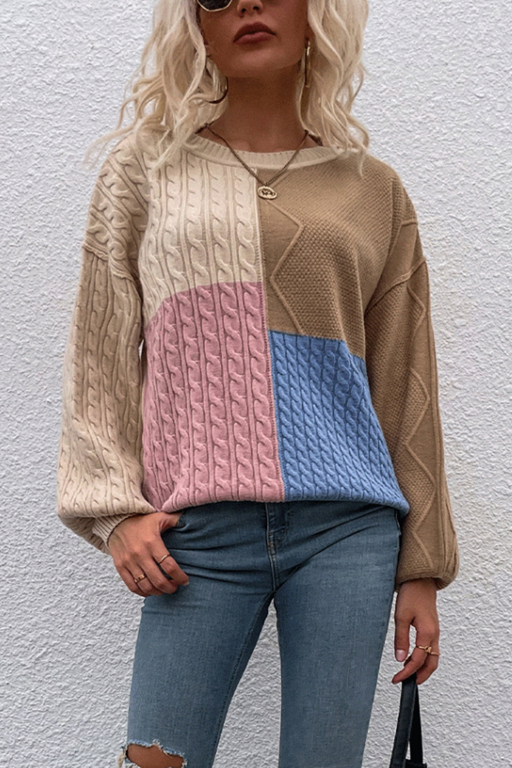 Contrast Patchwork Twist Lantern Sleeve Sweater