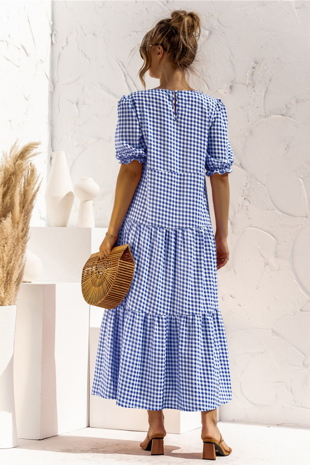 Puff Sleeve Polka Dot Plaid Patchwork Long Dress