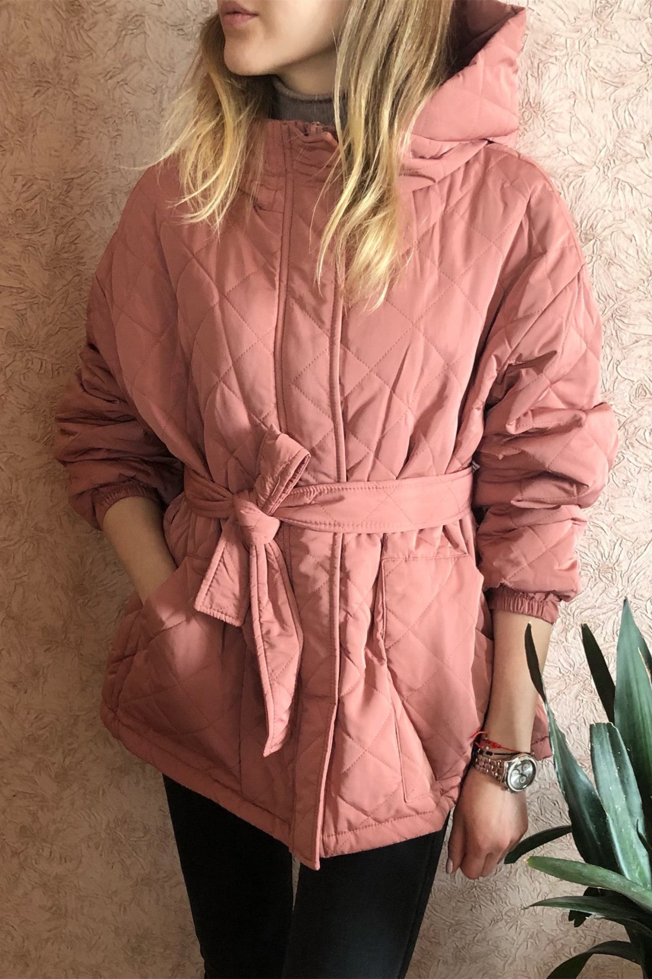 Elegant Tie Belt Loose Arygle Hooded Parkas