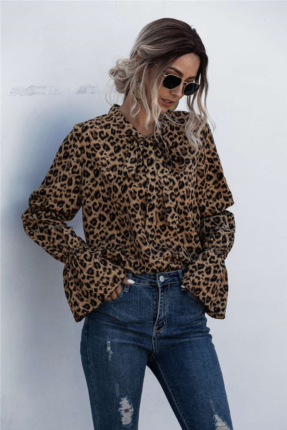 Leopard Lace Up Lantern Sleeve Blouse