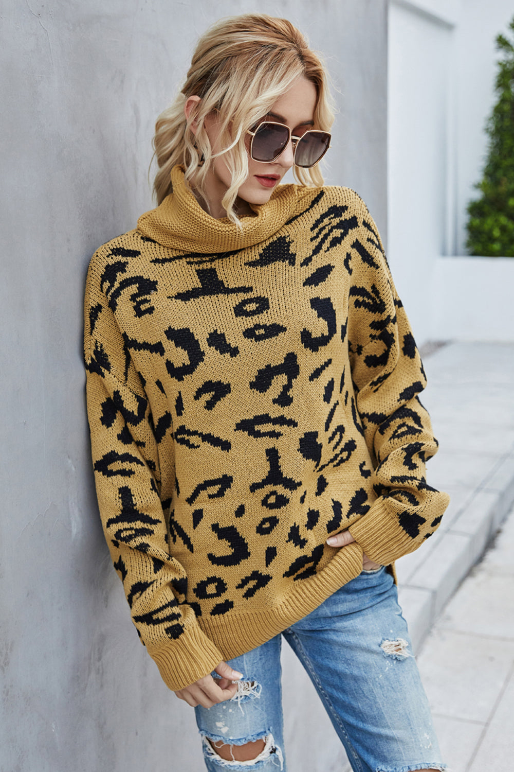 Loose Leopard Print Turn-Down Collar Sweater