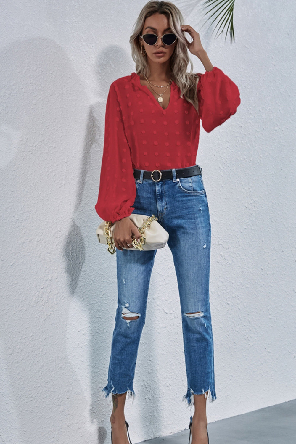 Loose V-neck Embroidered Shirt