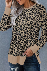 Leopard Print Round Neck Hem Split Top