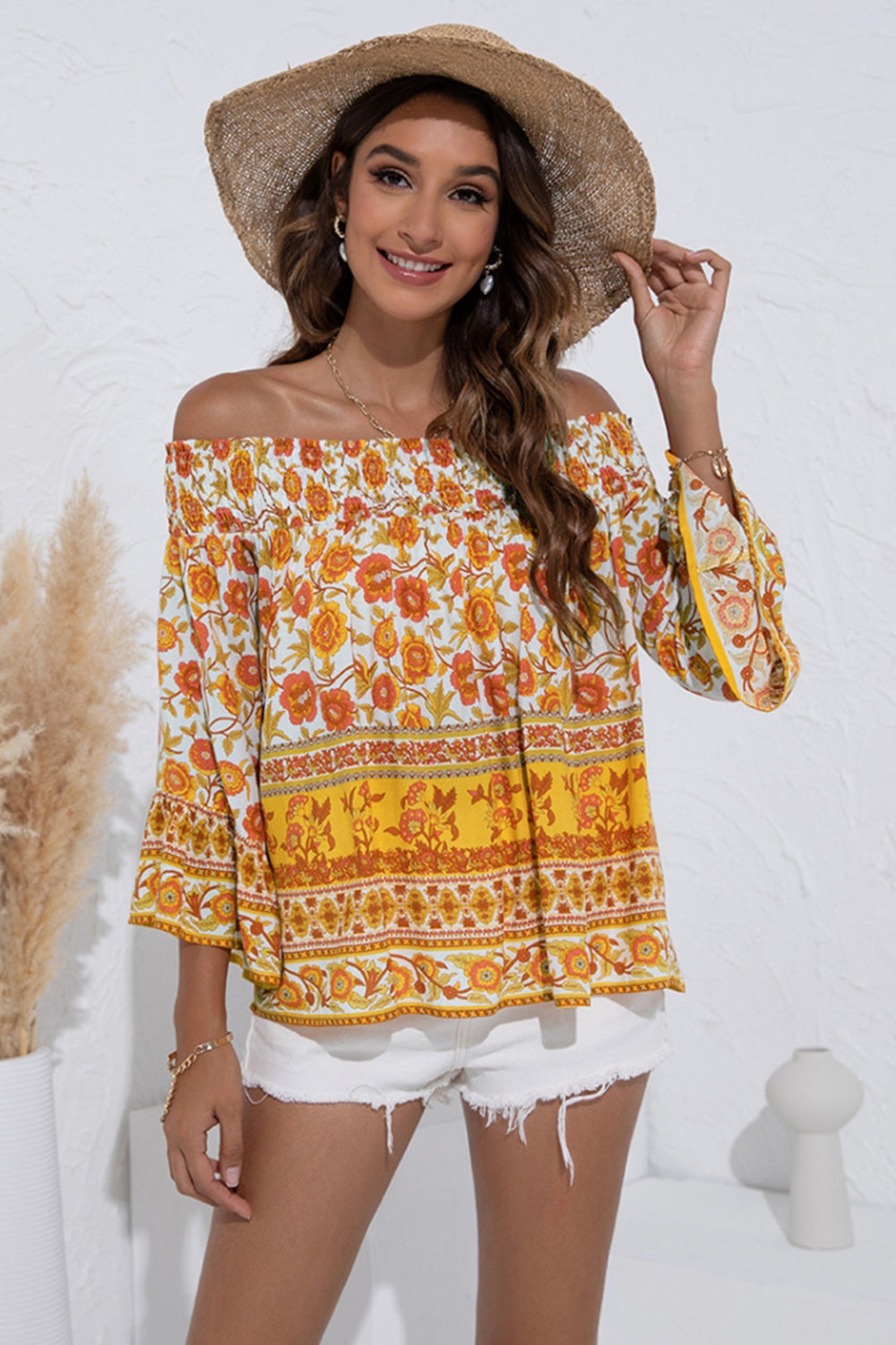 Off-Shoulder Floral Flared Sleeve Shirt