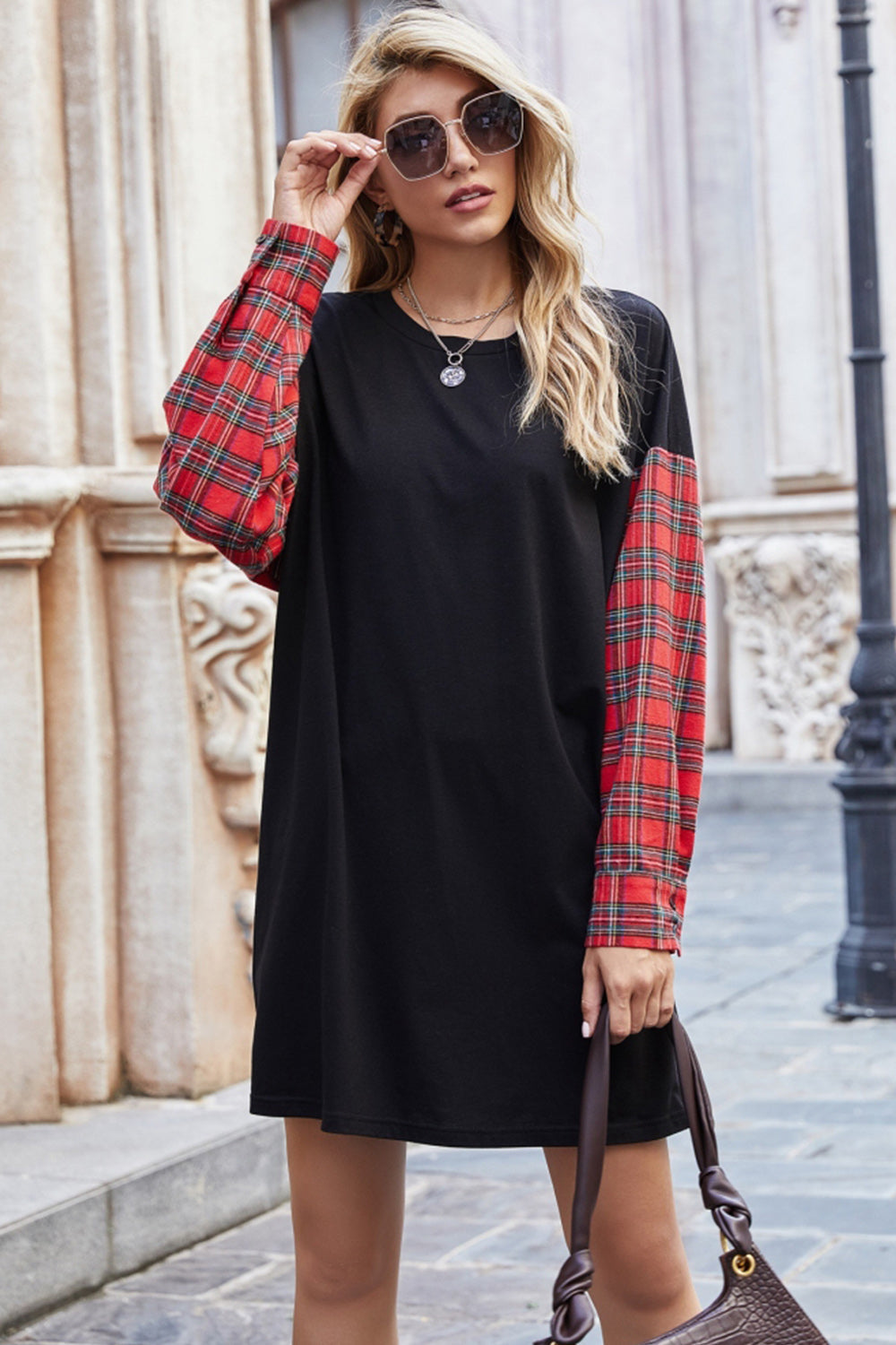 Round Neck Stitching Plaid Sweater Dress