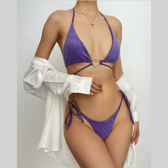 Halter solid self tie o ring backless bikini swimwear