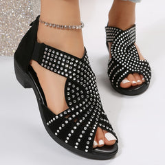 Peep Toe Back Zipper Chunky Heel Rhinestone Sandals