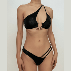 One shoulder metal o ring padded bikini swimwear