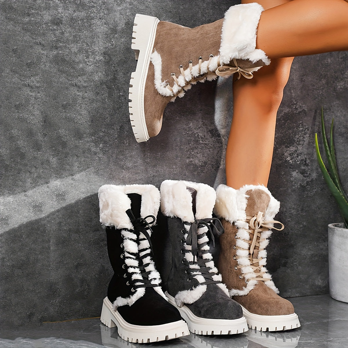 Warm Lace Up Flat Mid Calf Boots