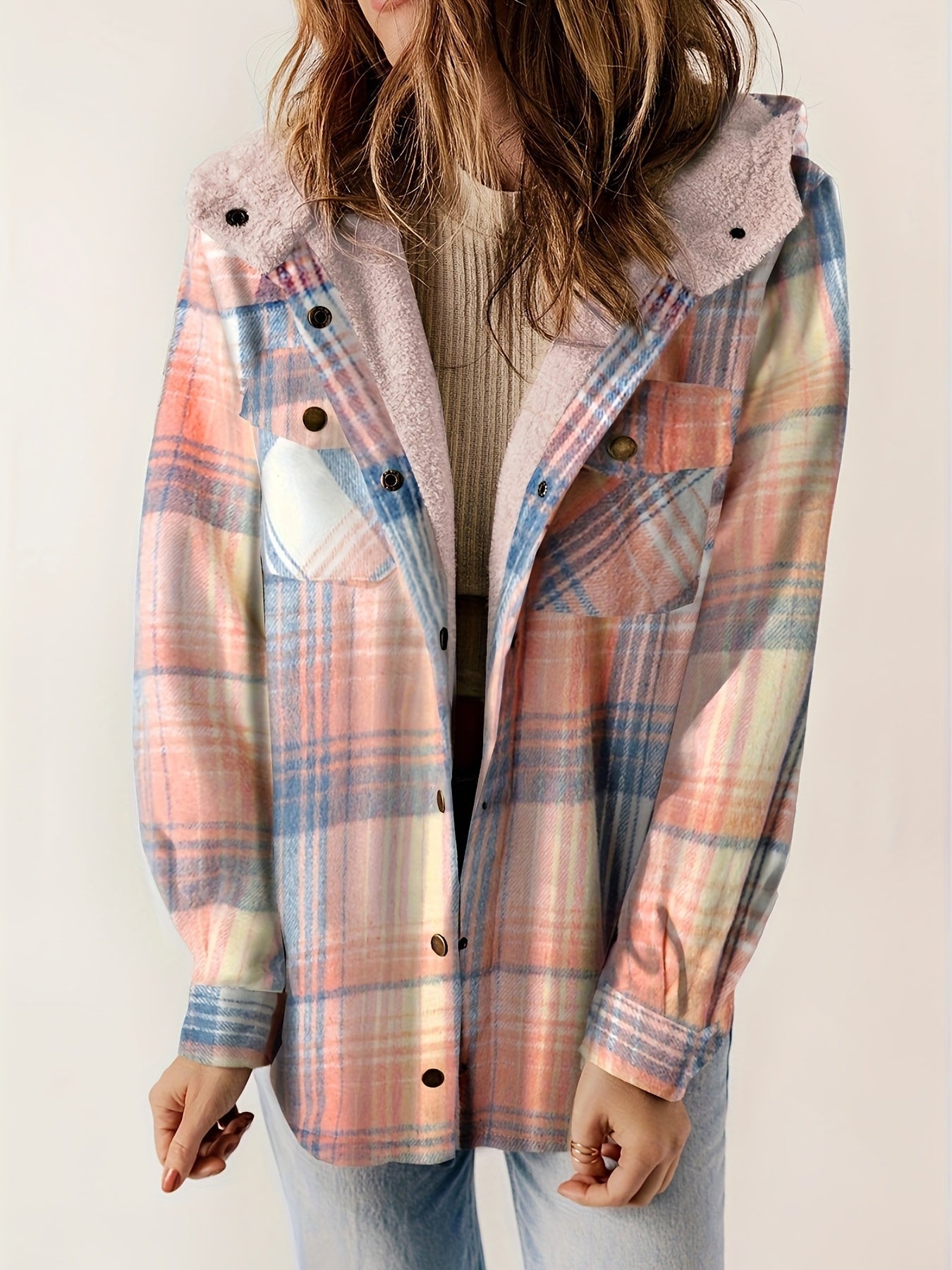 Plaid Pattern Velvet Lining Hooded Jacket