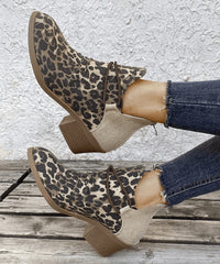 Rough canvas pointed toe leopard boots