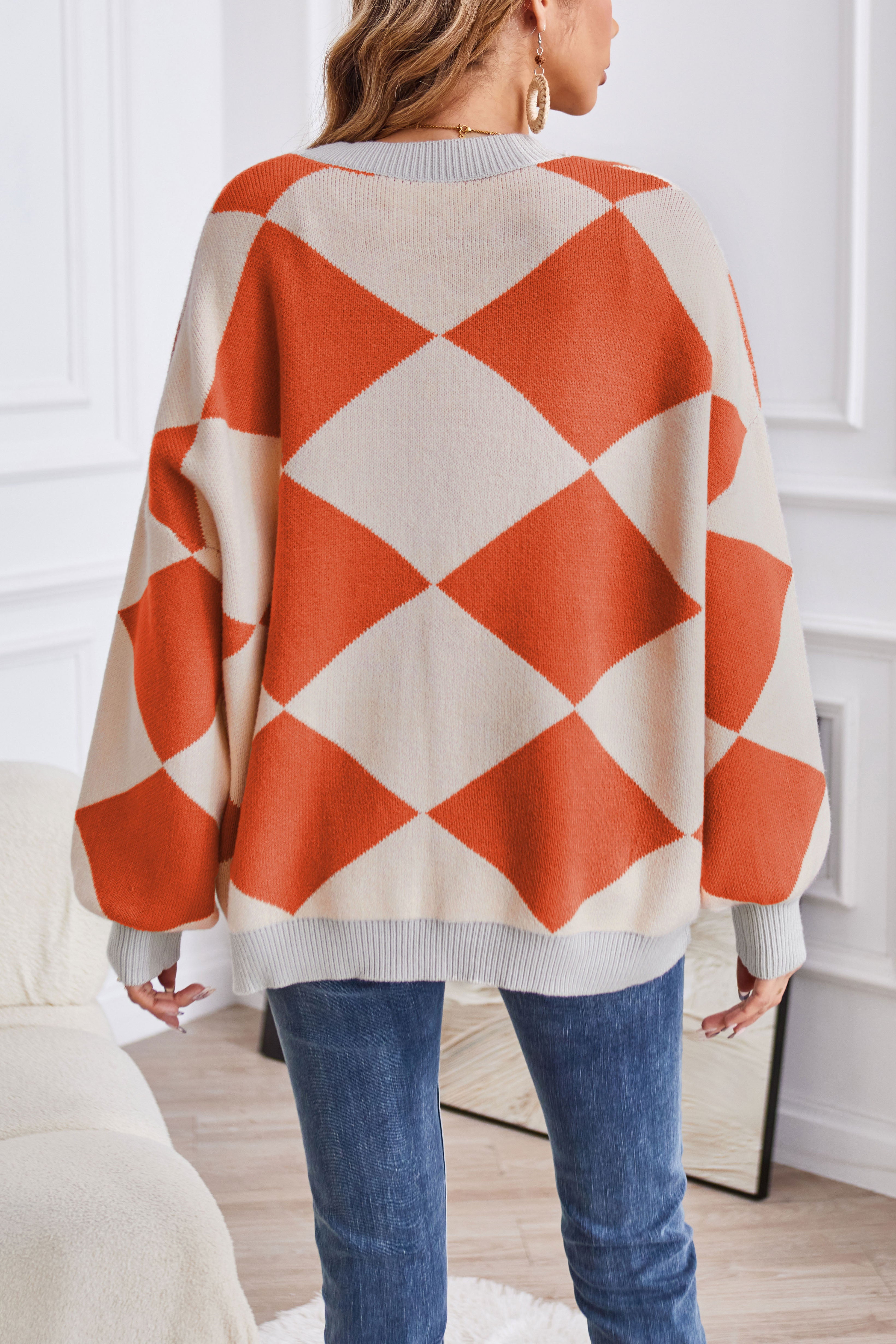 V-neck geometric patchwork contrasting knitted cardigan