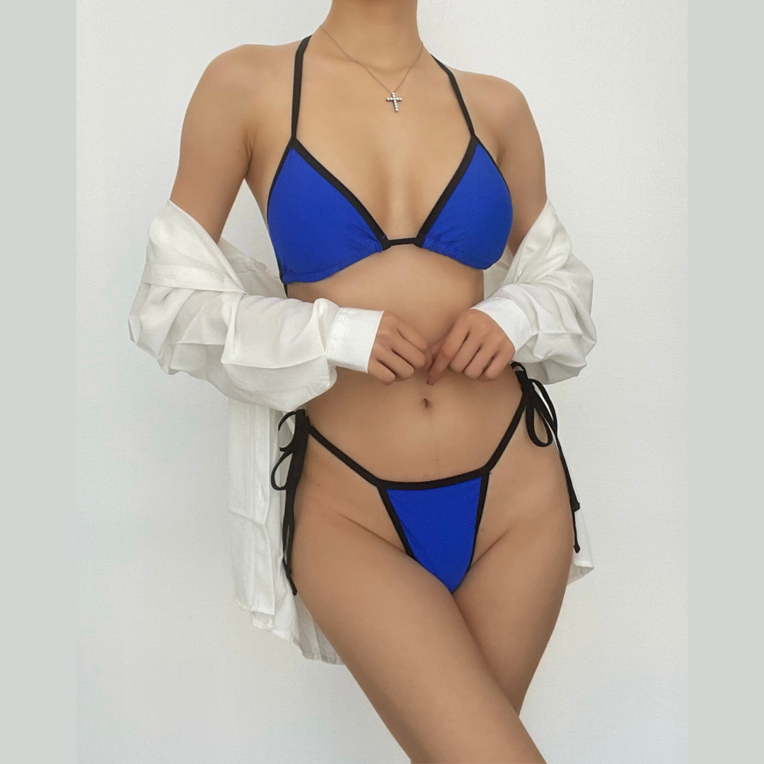 Halter contrast self tie padded bikini swimwear