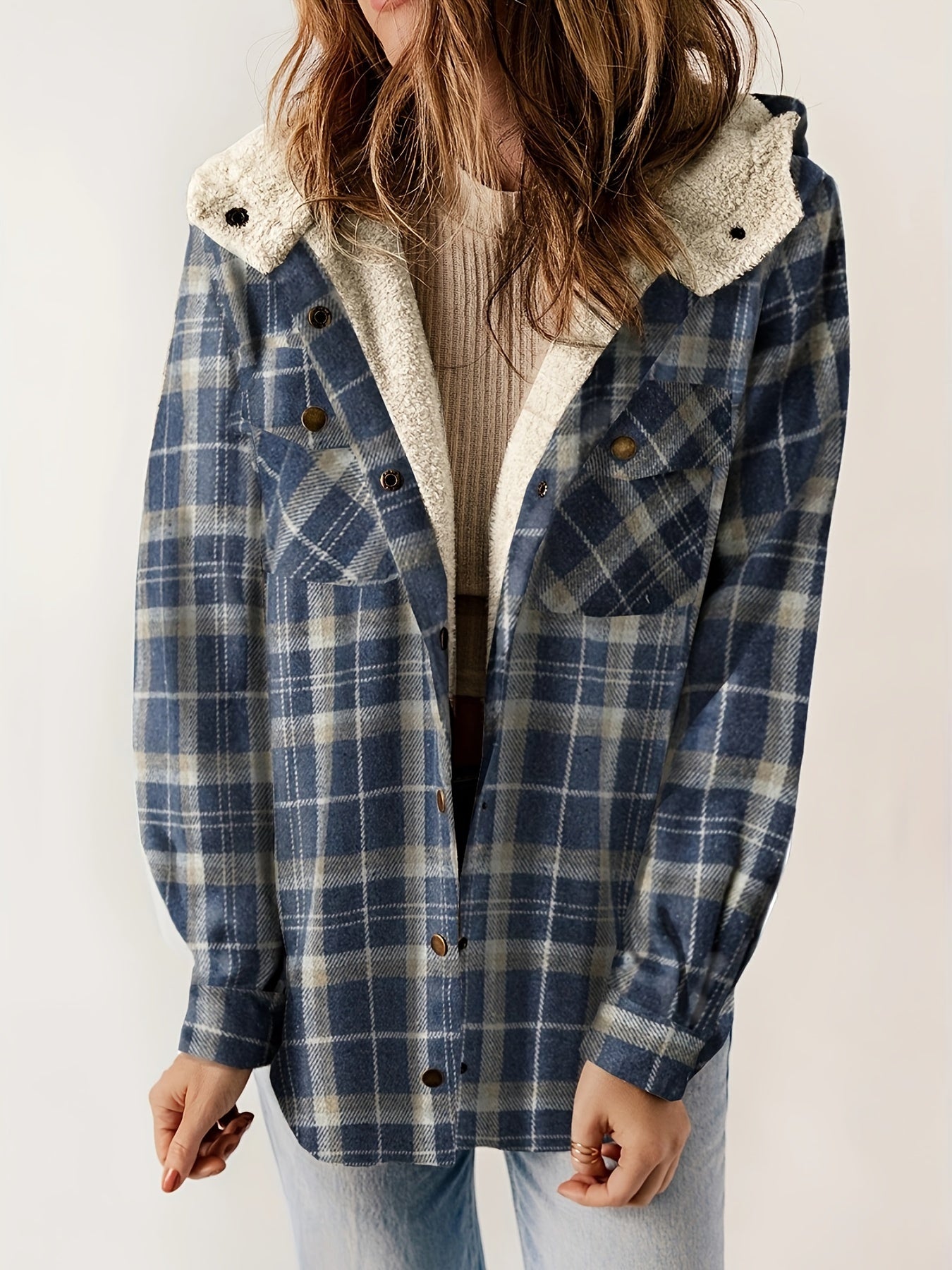 Plaid Pattern Velvet Lining Hooded Jacket