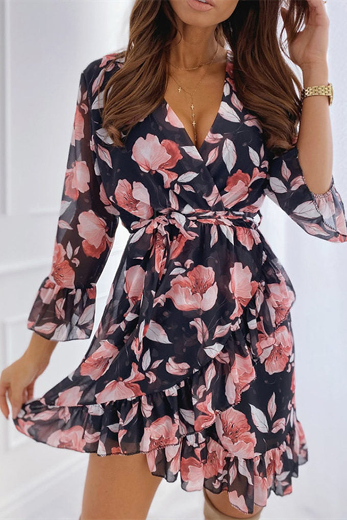 Three Quarter Sleeve Ruffles Split Dress