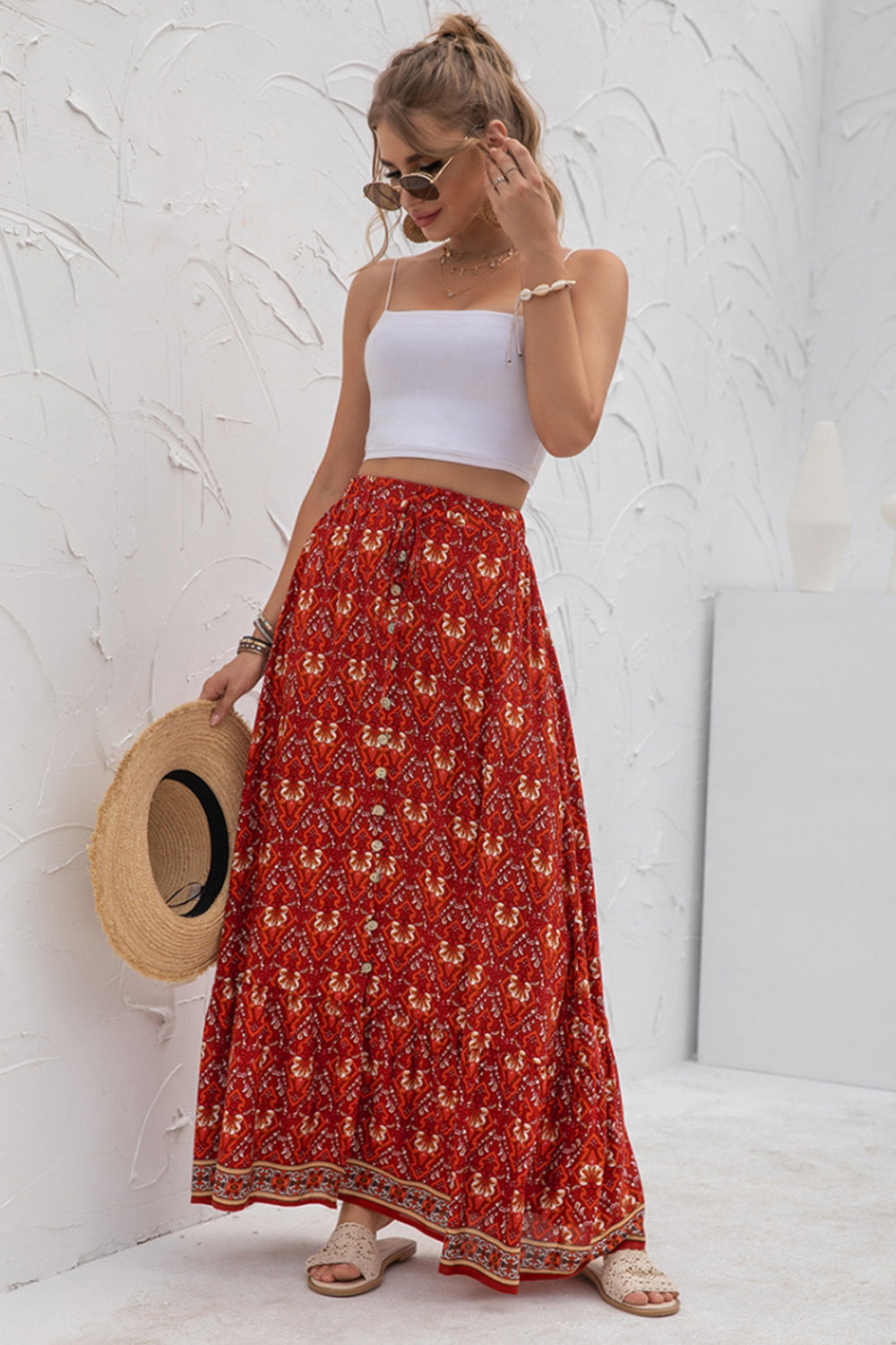 High-Waist Printed Button-Up Slit Skirt