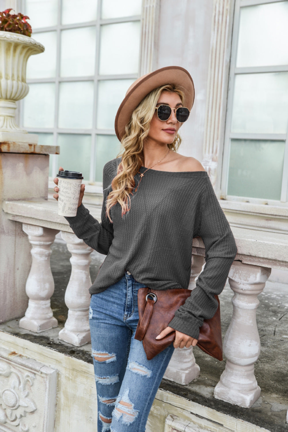 Waffle Long Sleeve One-shoulder T-shirt