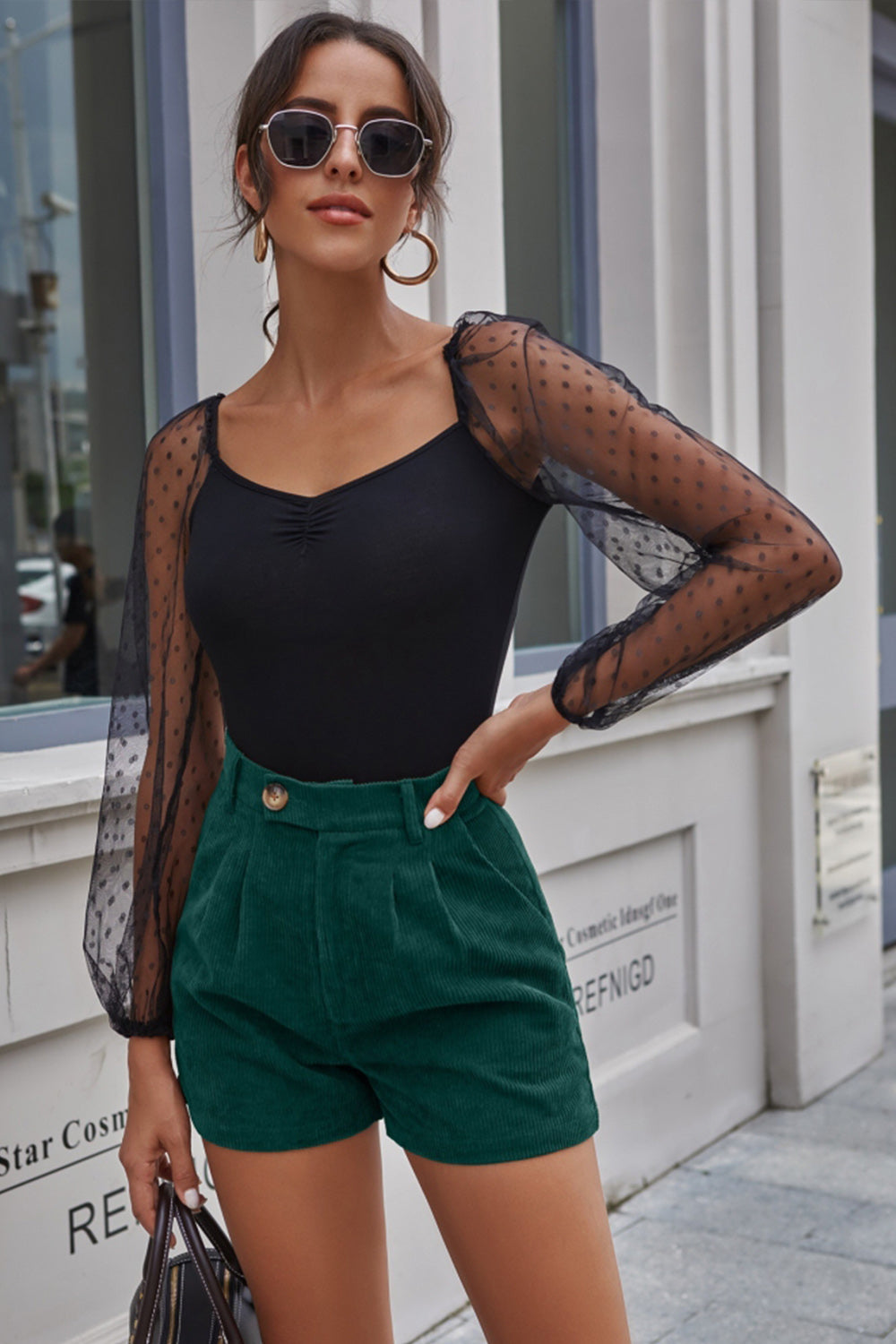 Corduroy High Waist Belt Short Trousers