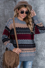 Rhombus Print Loose Long Sleeve Sweater