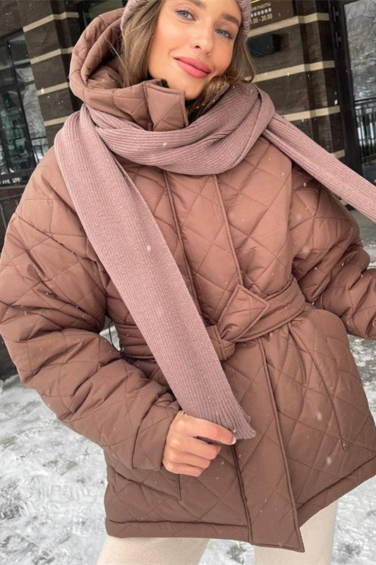 Elegant Tie Belt Loose Arygle Hooded Parkas
