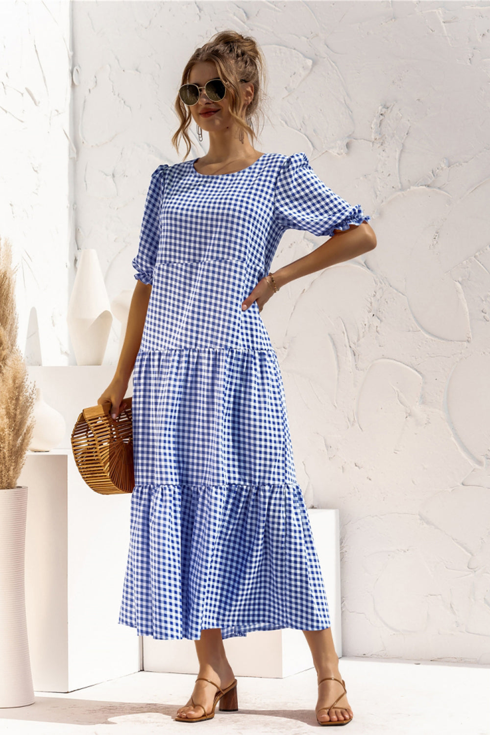 Puff Sleeve Polka Dot Plaid Patchwork Long Dress
