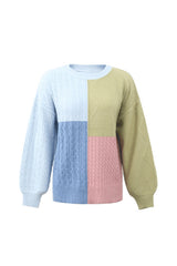 Contrast Patchwork Twist Lantern Sleeve Sweater