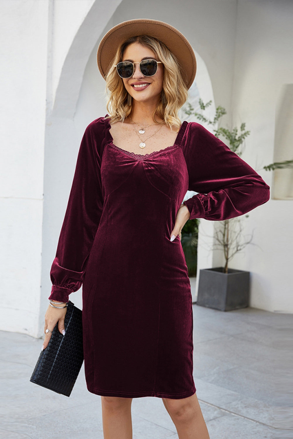 Slim Long-Sleeved Velour Sheath Dress