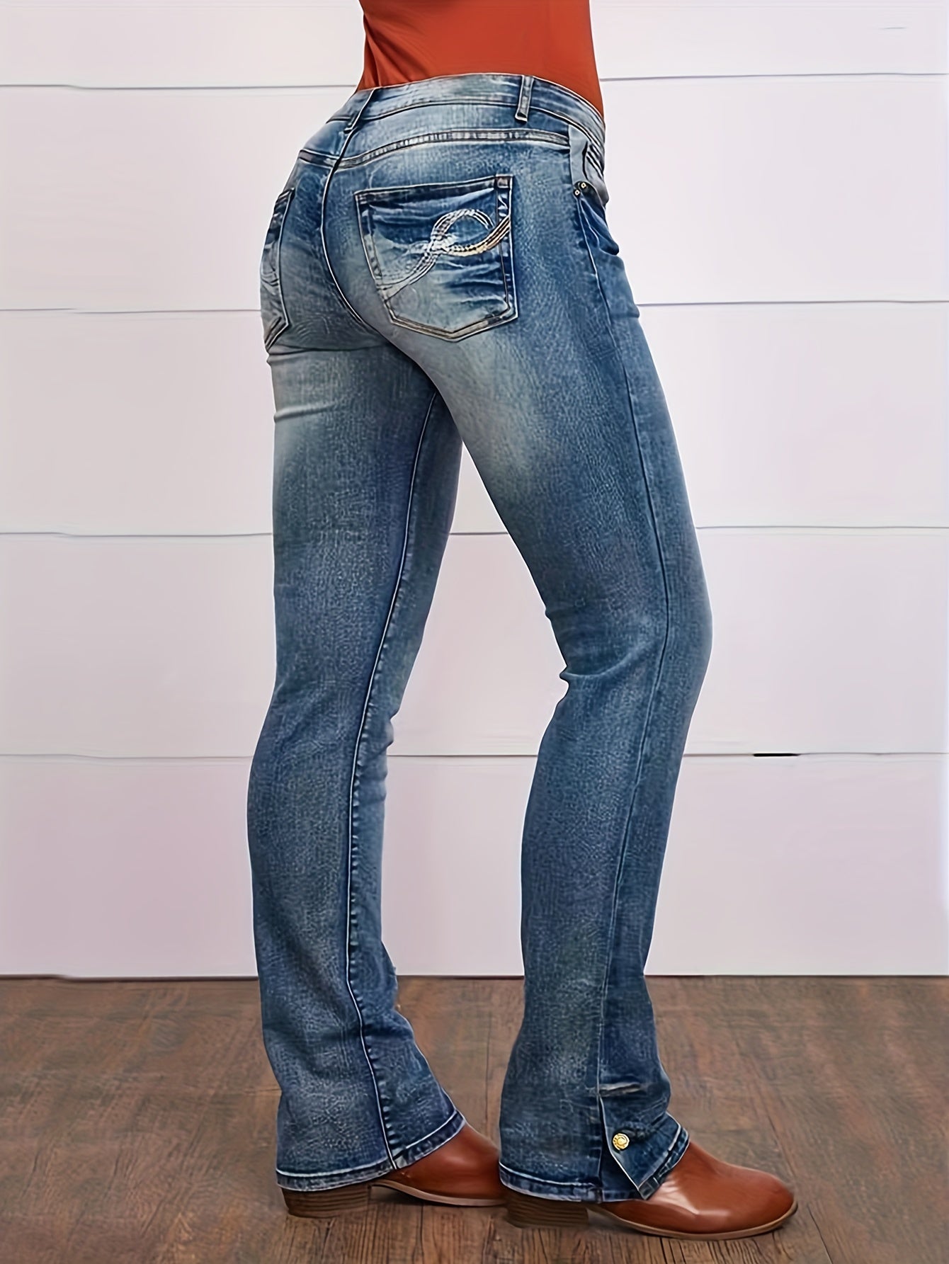 Button Side Split Embroidery Patch Pocket Bootcut Jeans